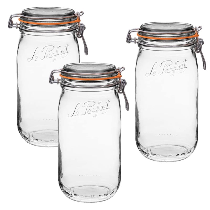 Le Parfait Super Jar - 1.5L French Glass Canning Jars w/Round Body, Wide Mouth, Airtight Lid - Clear Glass (48oz/Quart & Half, 3pk) - Image 1